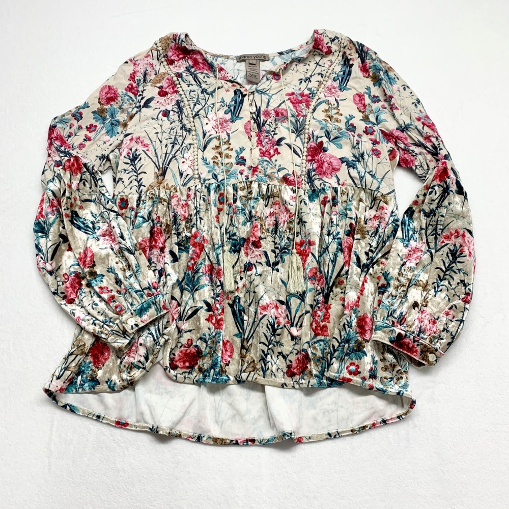 Sharon Young Floral Velvet Babydoll Top Womens Size L Tan Boho Tassel Blouse
